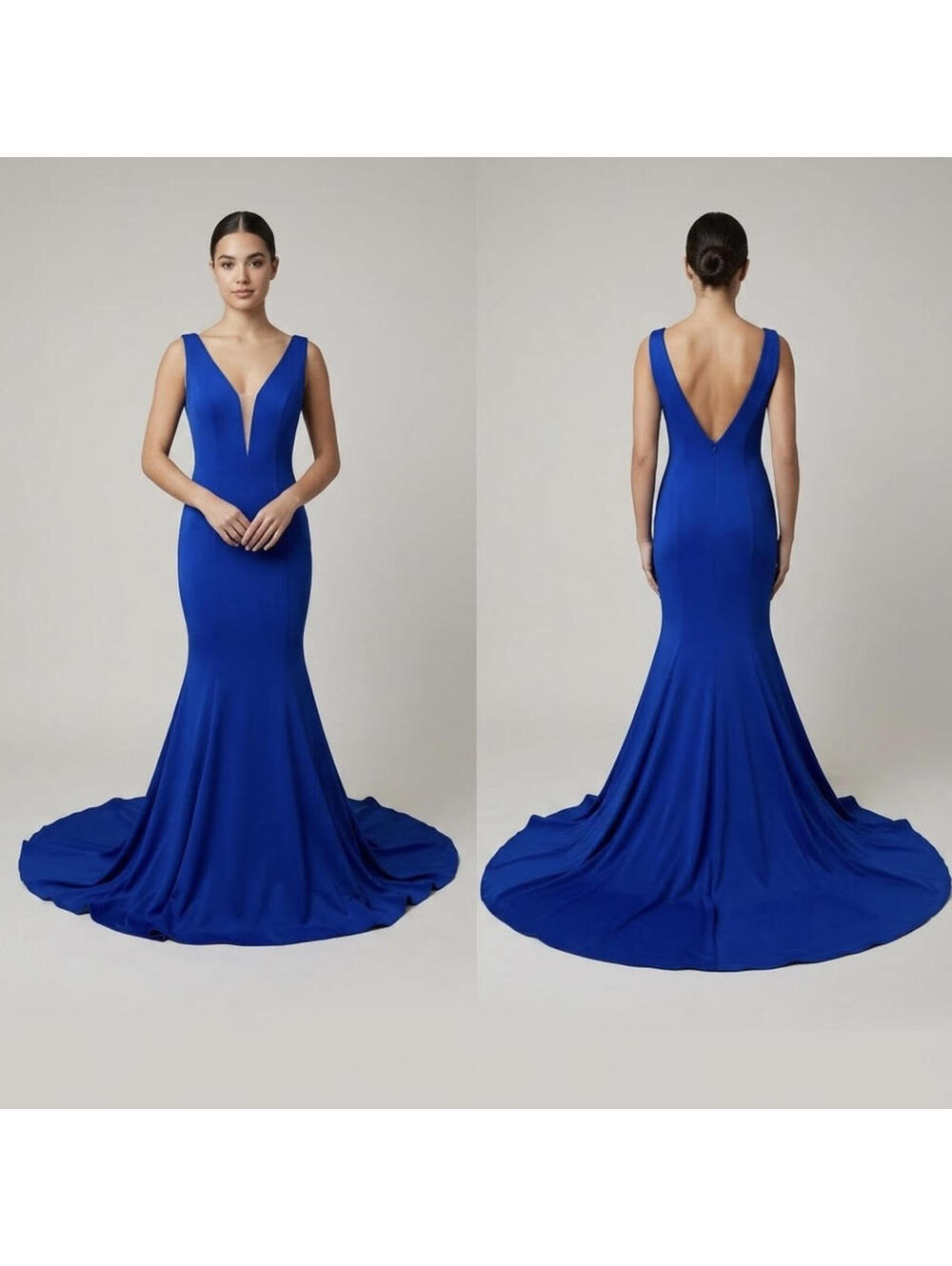 Shail K Women's Blue Plunging V-Neck Shantung Mermaid Evening Gown #33932 Size 8